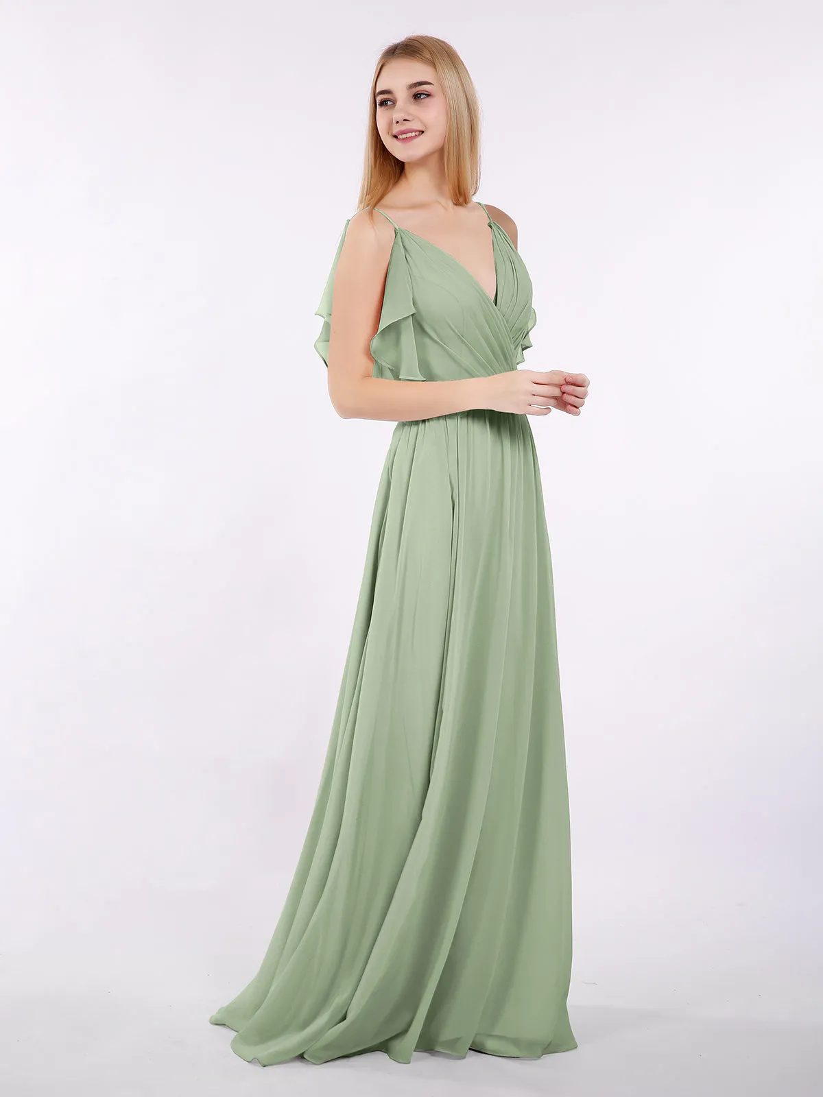 Bretelle Spaghetti Mousseline Robe avec Col en V Sauge Poudrée