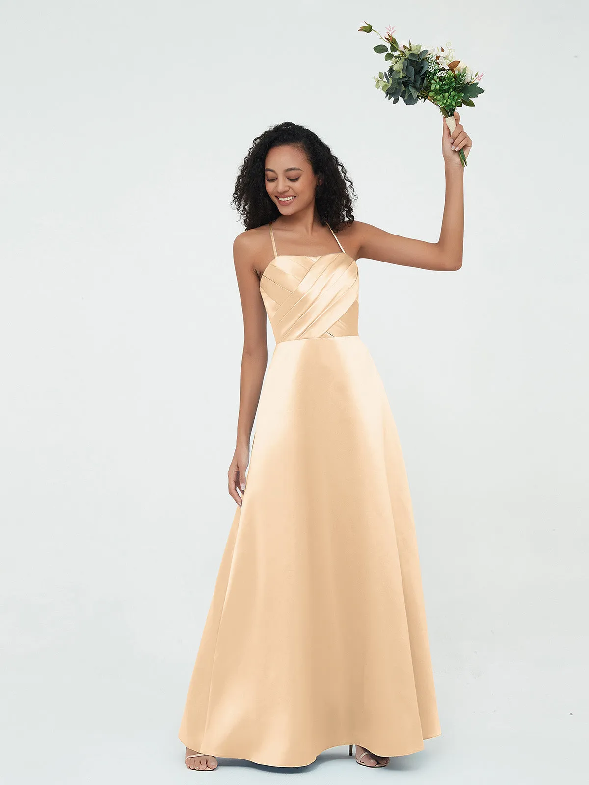 Bretelles Spaghetti Corsage Plissé Robes en Satin Pêche