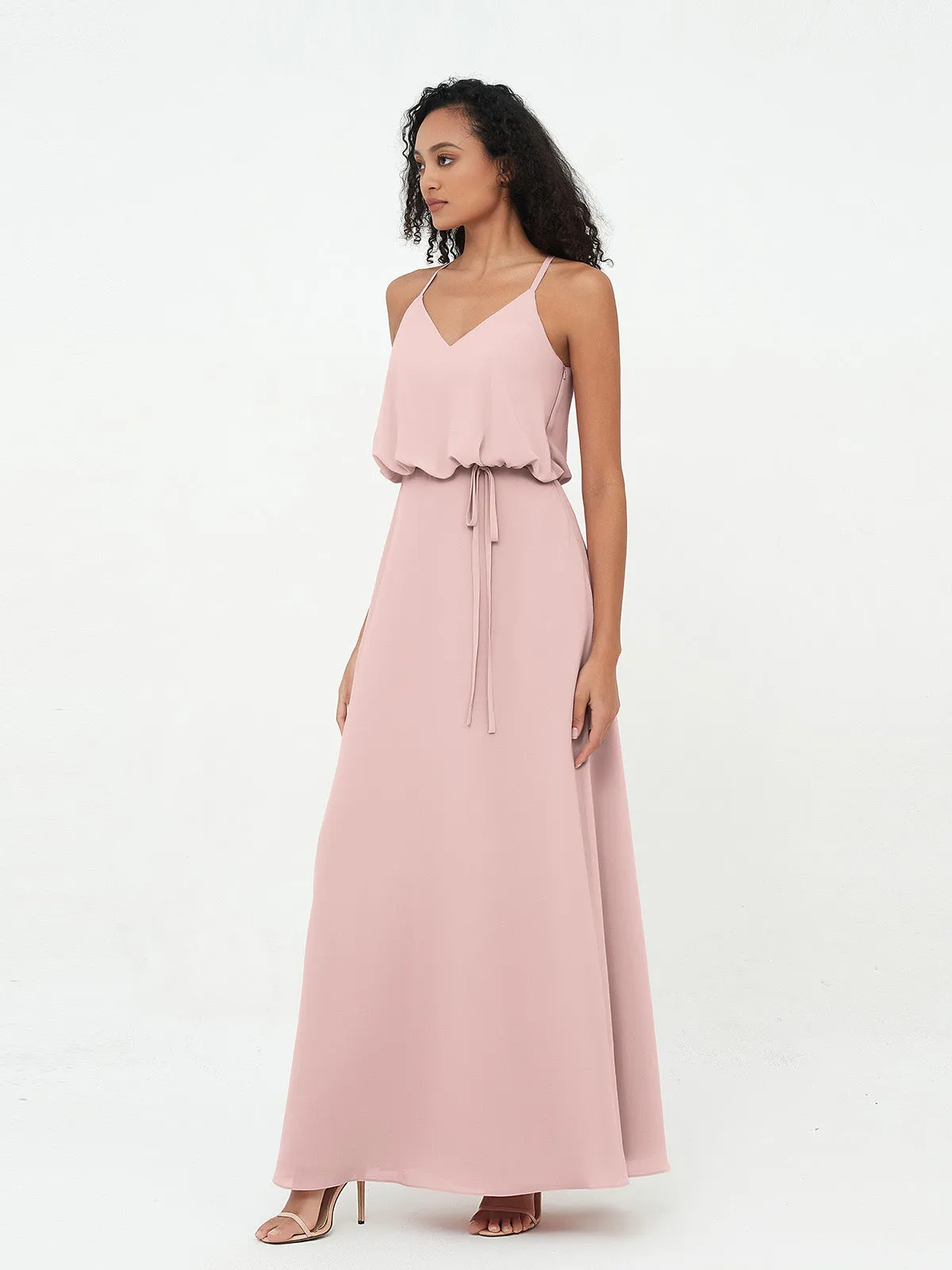 Bretelles Spaghetti Décolleté en V Robes en Mousseline Rose Poudré Grande Taille