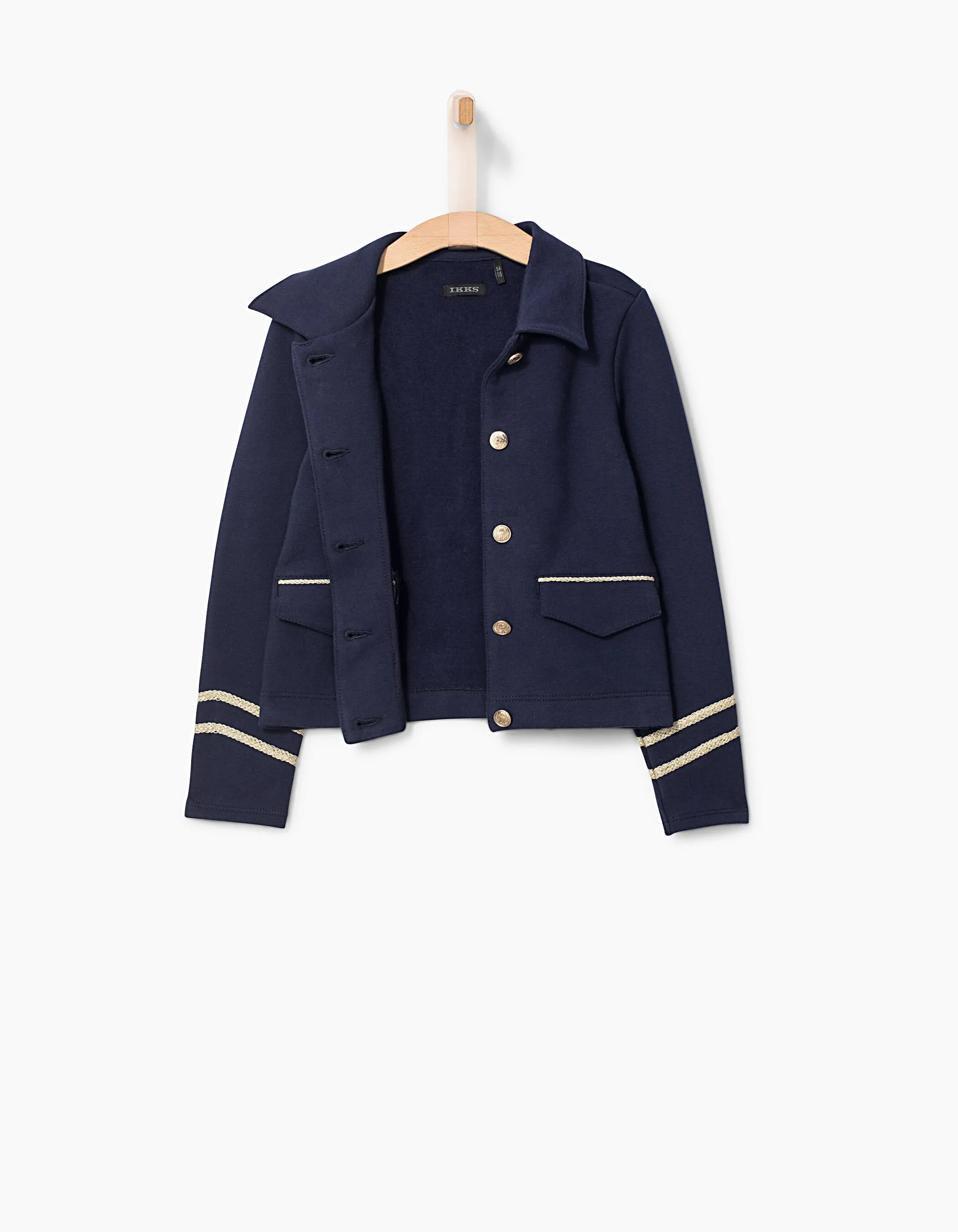 Cardigan bleu à col chemise et galons dorés fille