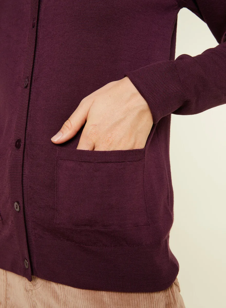Cardigan boutonné col rond à poches en laine mérinos - Amalia