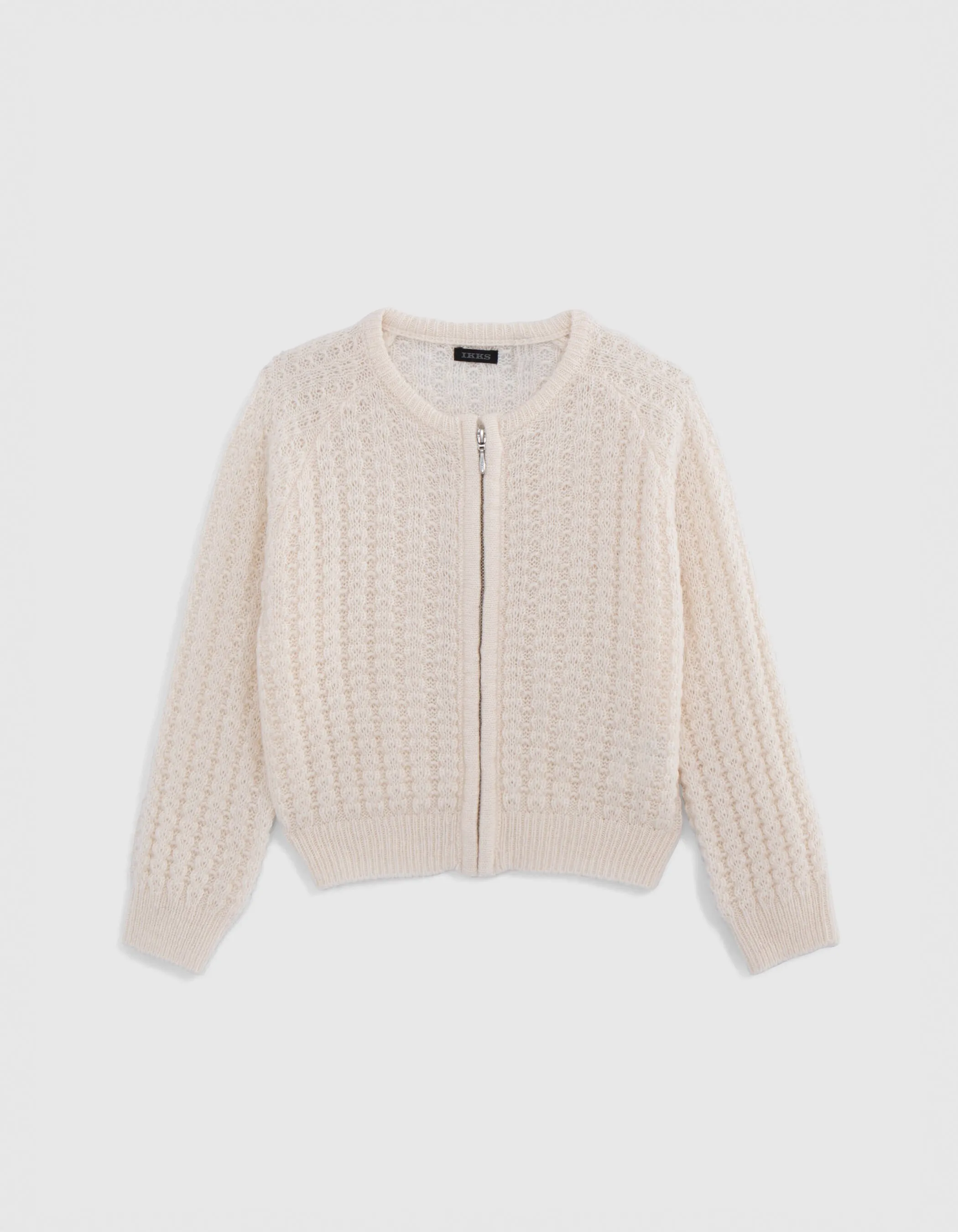Cardigan écru zippé tricot fantaisie ajouré fille