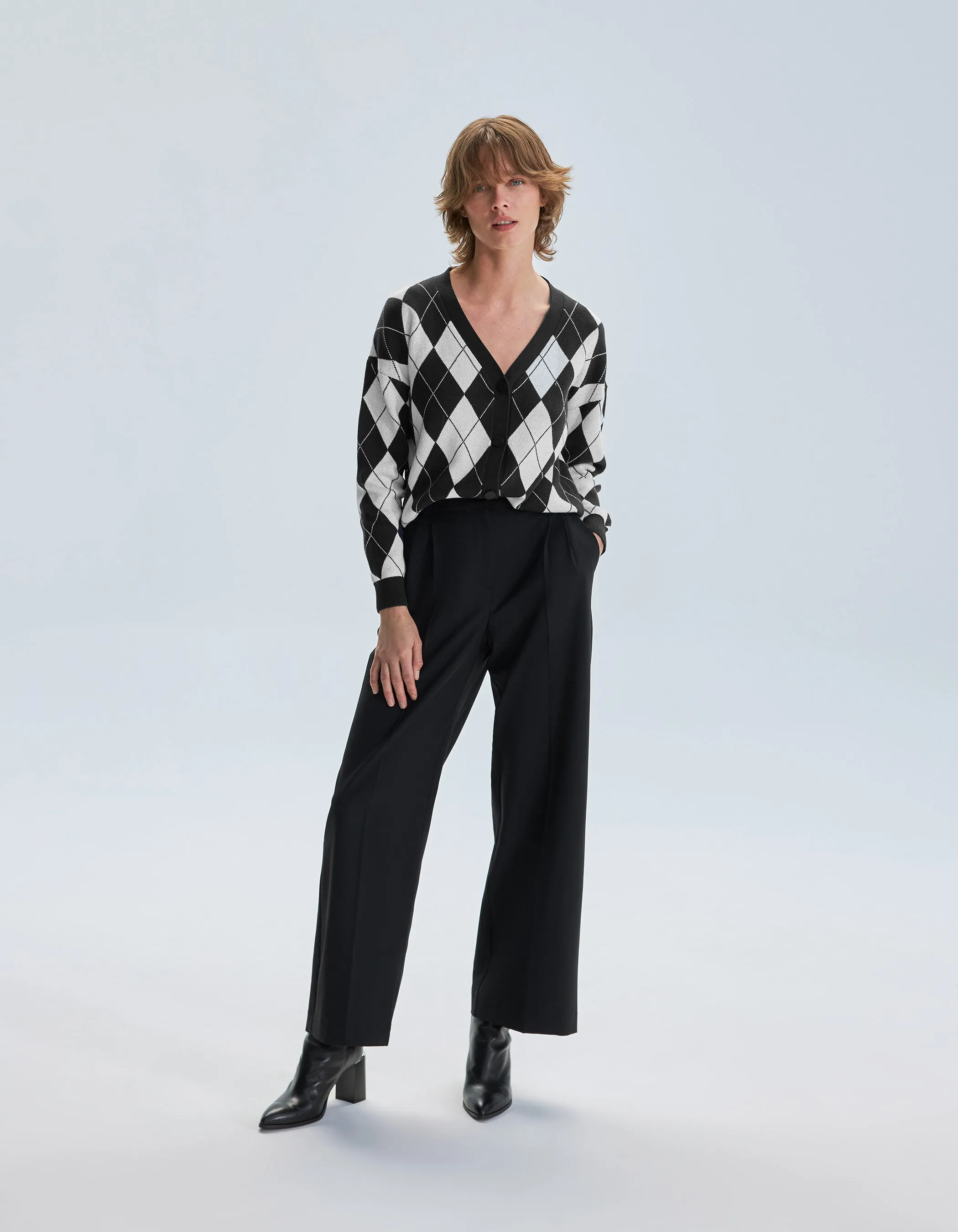 Cardigan gris et écru tricot motif Argyle Femme
