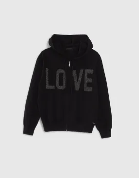 Cardigan noir tricot jacquard message devant dos Femme