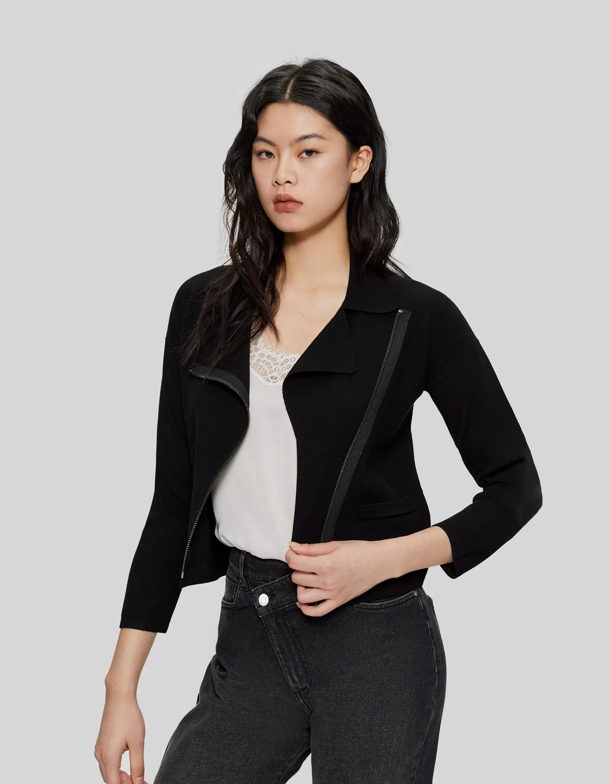 Cardigan noir tricot zip asymétrique Femme