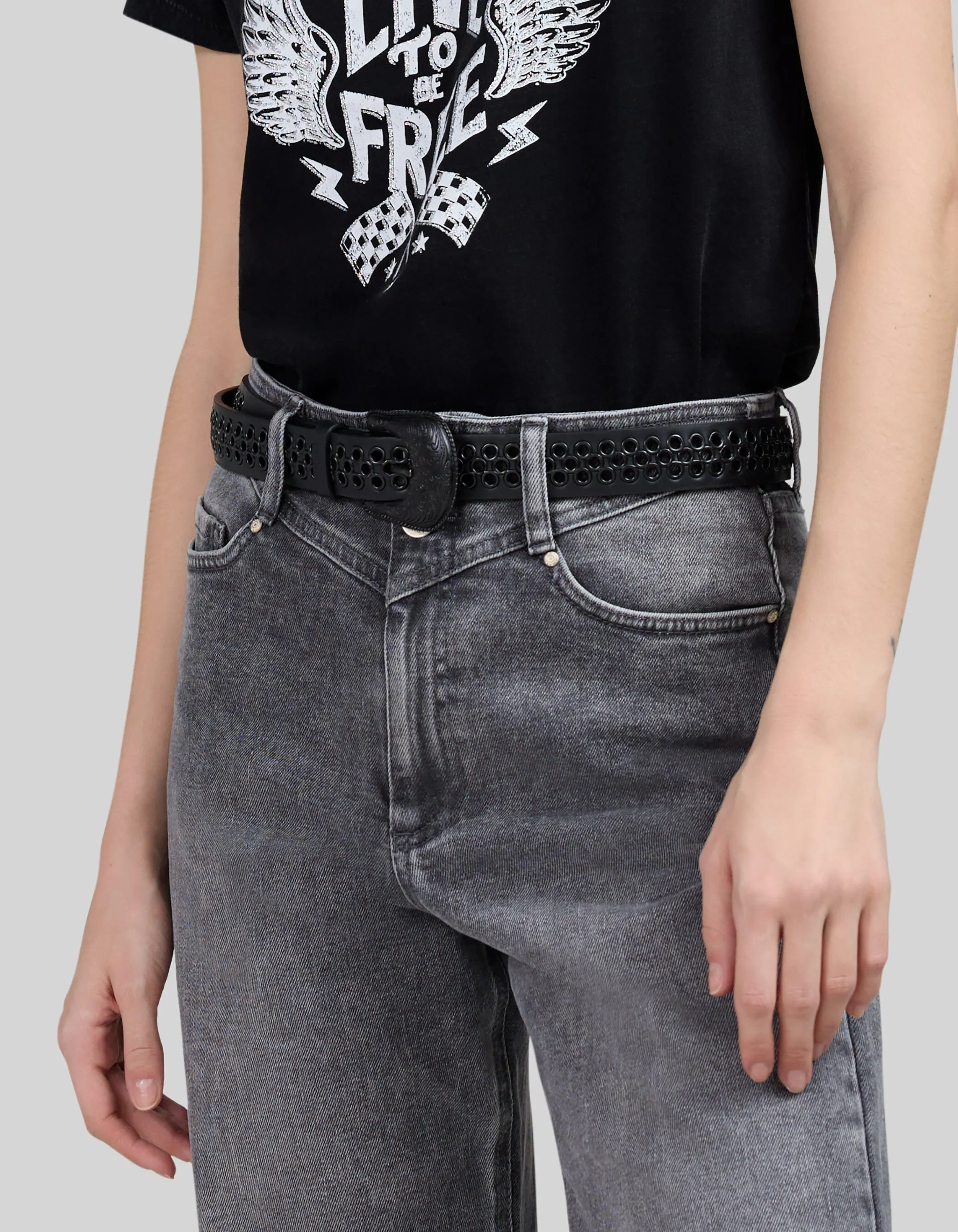 Ceinture cuir noir œillets noirs Femme