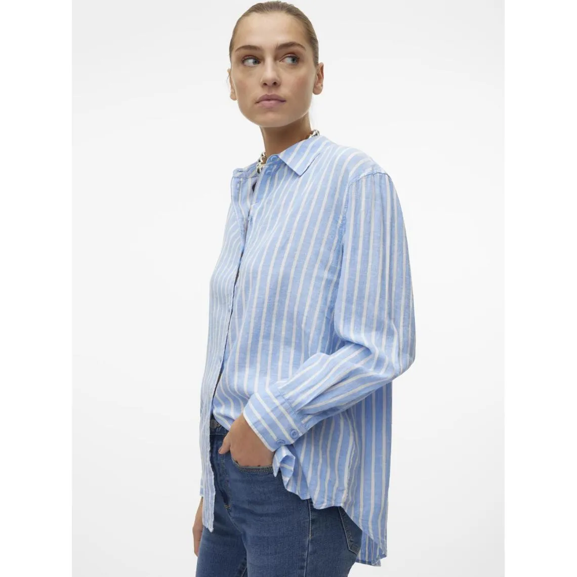 Chemise fermeture par bouton poignets boutonnés col chemise manches larges manches longues bleu en lin Demi | 3 Suisses