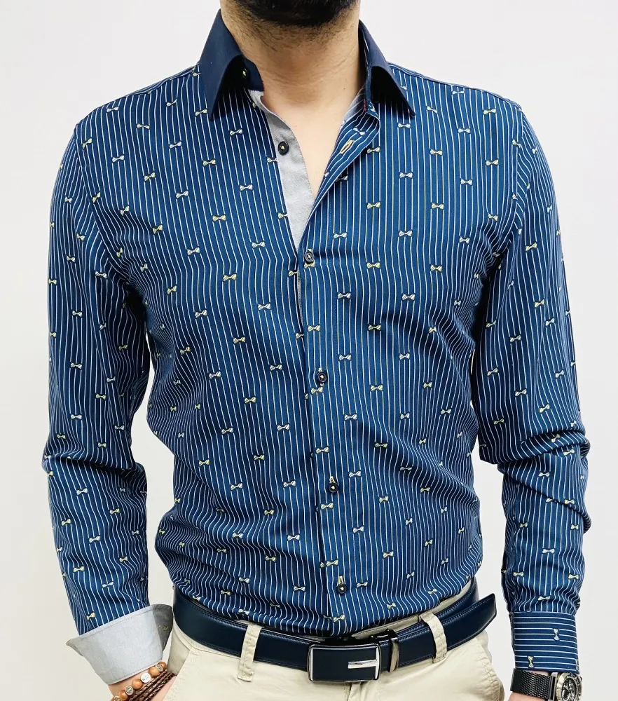 chemise homme bleu marine imprimé nœuds papillons