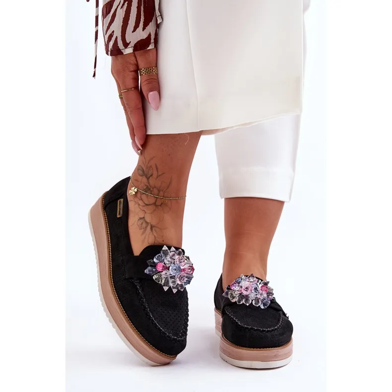 PM1 Mocassins Plateforme Femme Avec Pierres Noir Elonore le noir