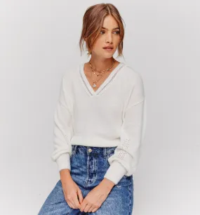 Pull col dentelle Femme - Ecru