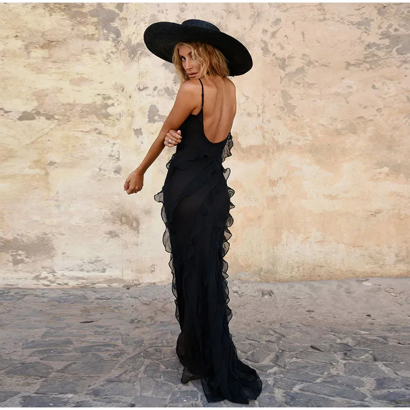 Robe de soirée noire longue sans manches bretelles spaghettis à froufrous ⋆ Revenge Dress