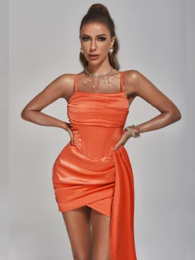 Robe de soirée orange drapée courte en satin à bretelles plissée ⋆ Revenge Dress
