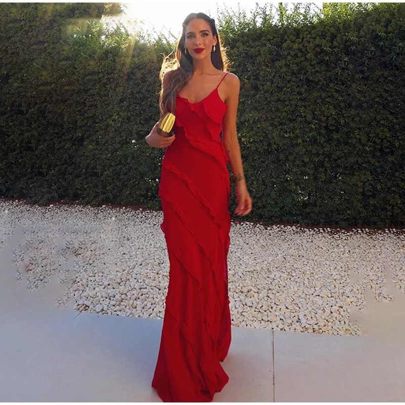 Robe de soirée rouge longue sans manches bretelles spaghettis à froufrous ⋆ Revenge Dress