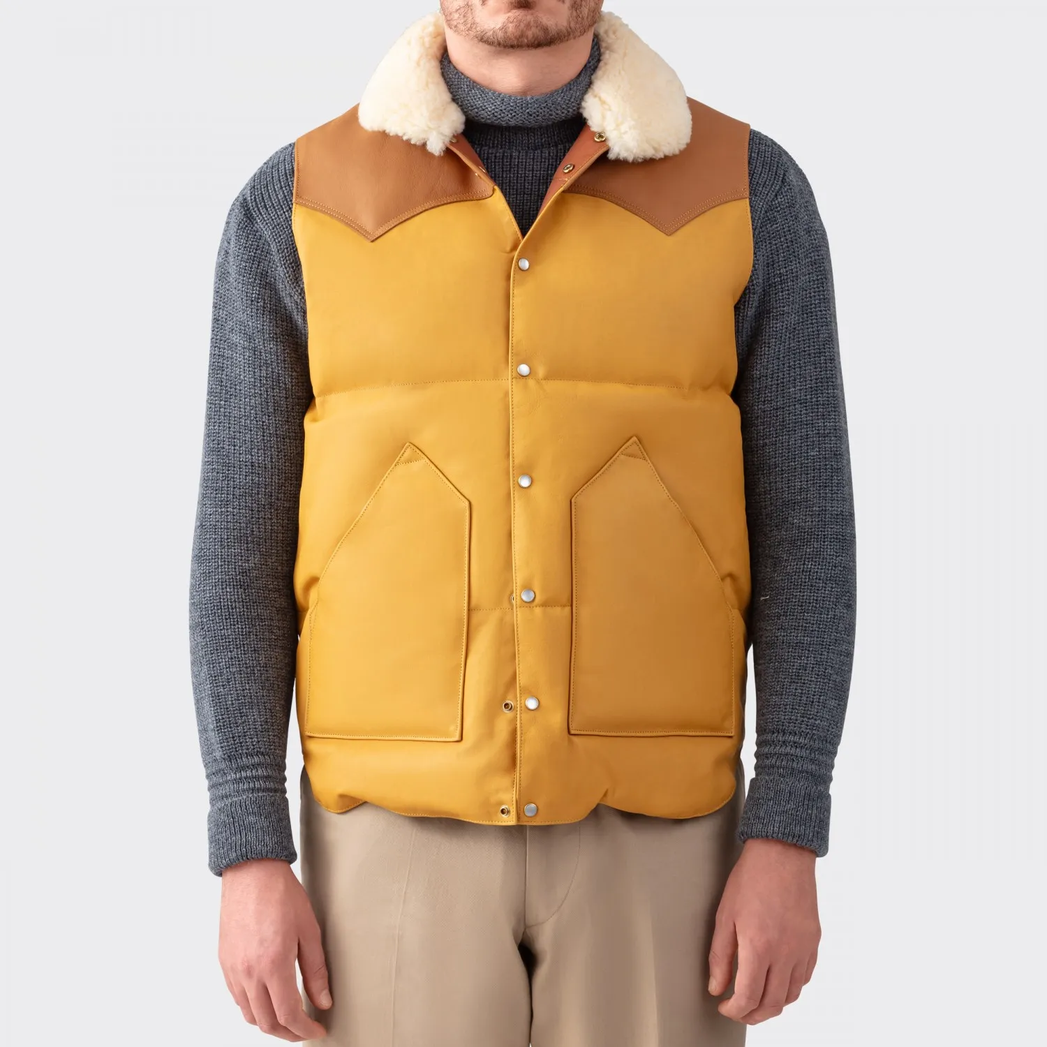 Rocky Mountain : Doudoune Sans Manches en Cuir : Marron Clair/Naturel