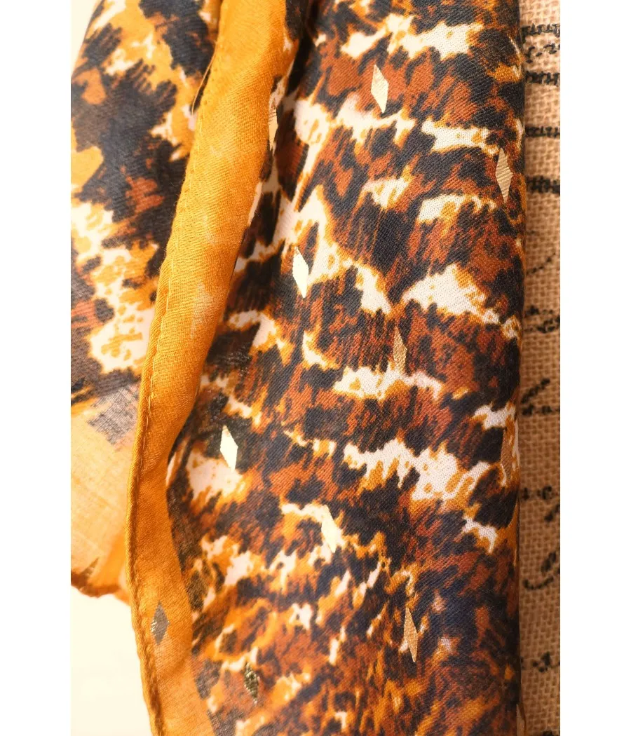 SANTAÏA foulard imprimé animal tigré camel noir losanges or chic