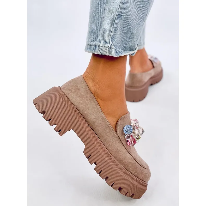 Stefani Mocassins plateforme kaki à perles beige