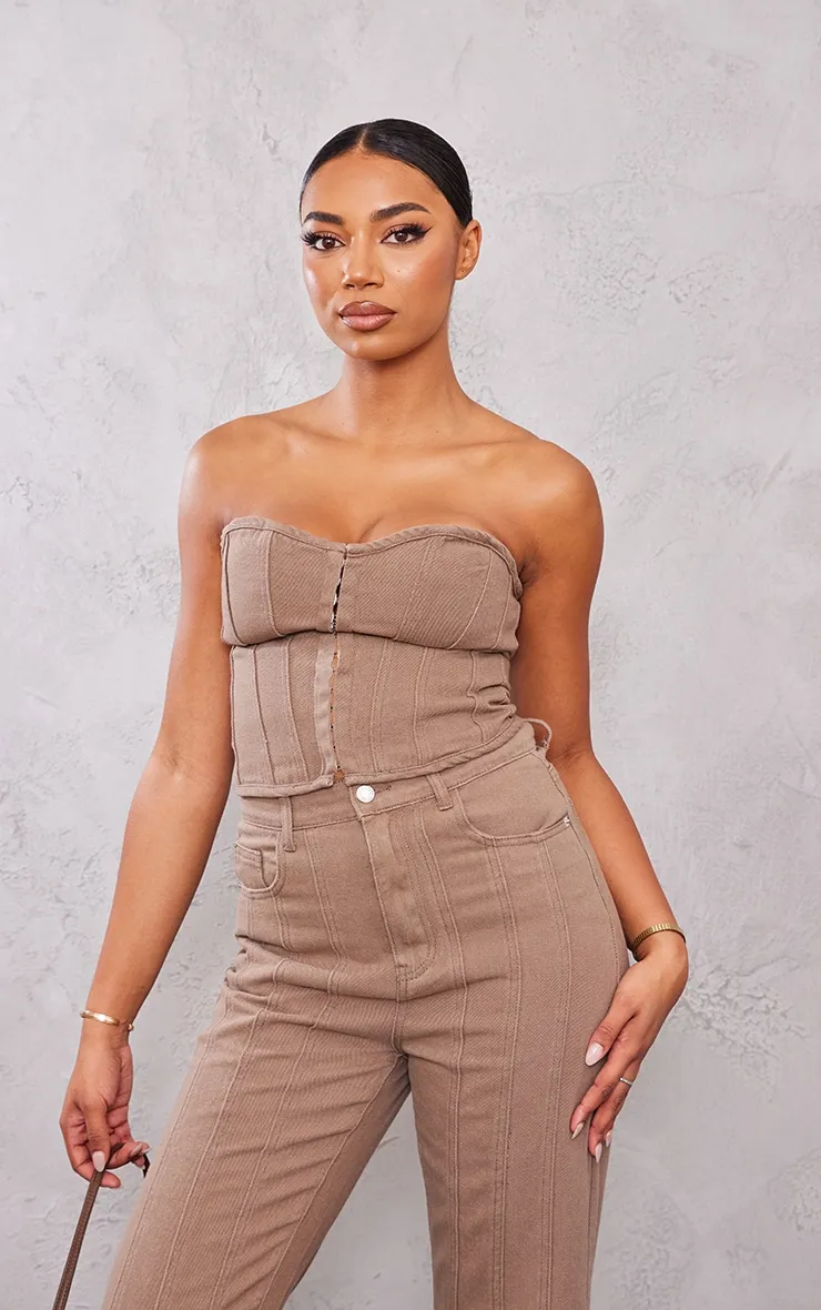 Tall Corset en jean marron délavé à liserés structurants et crochets et oeillets