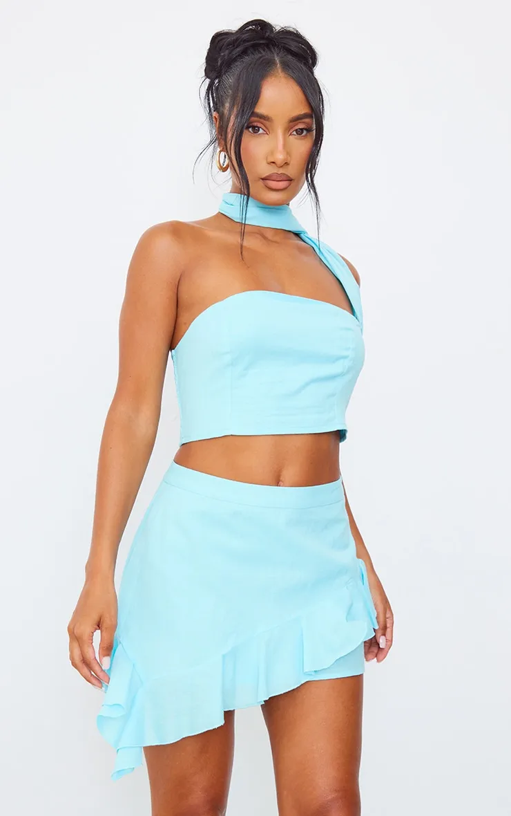 Top bustier style foulard effet lin turquoise