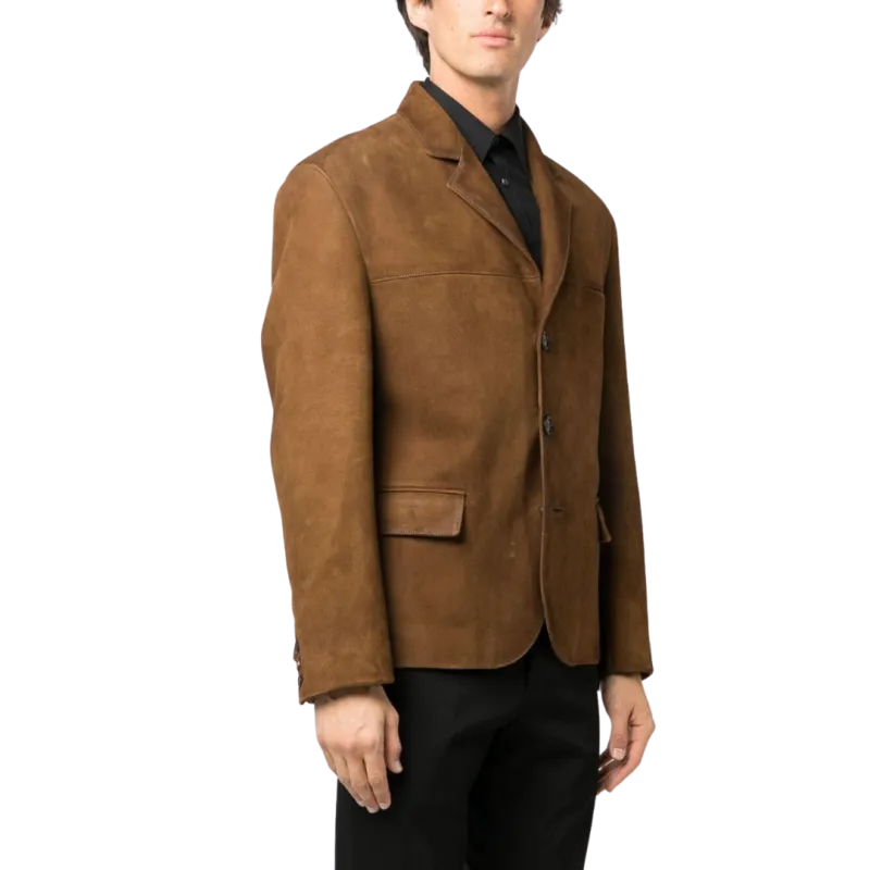 Veste blazer simple bouton droite cuir agneau marron