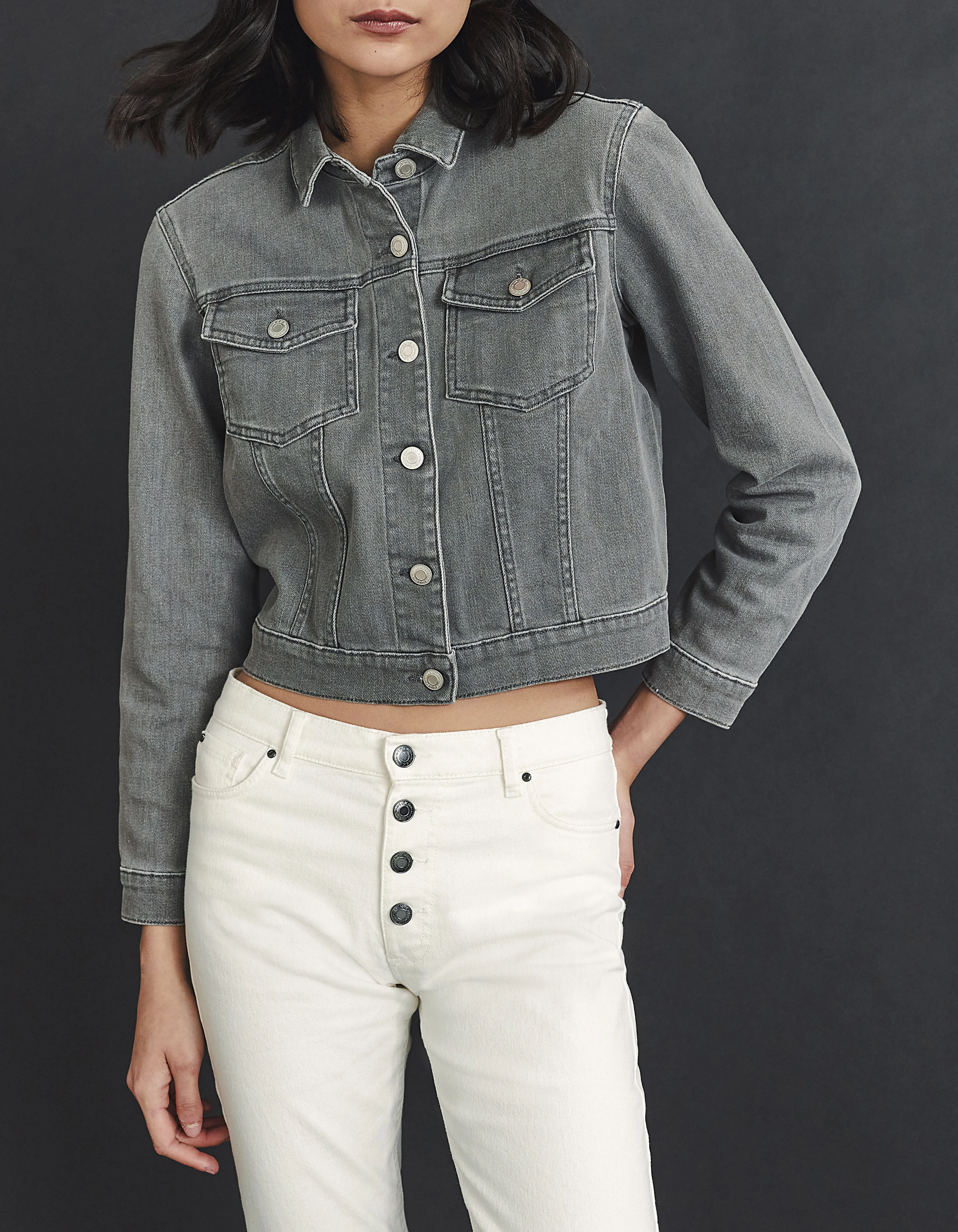 Veste en denim coloris gris broderies dos femme